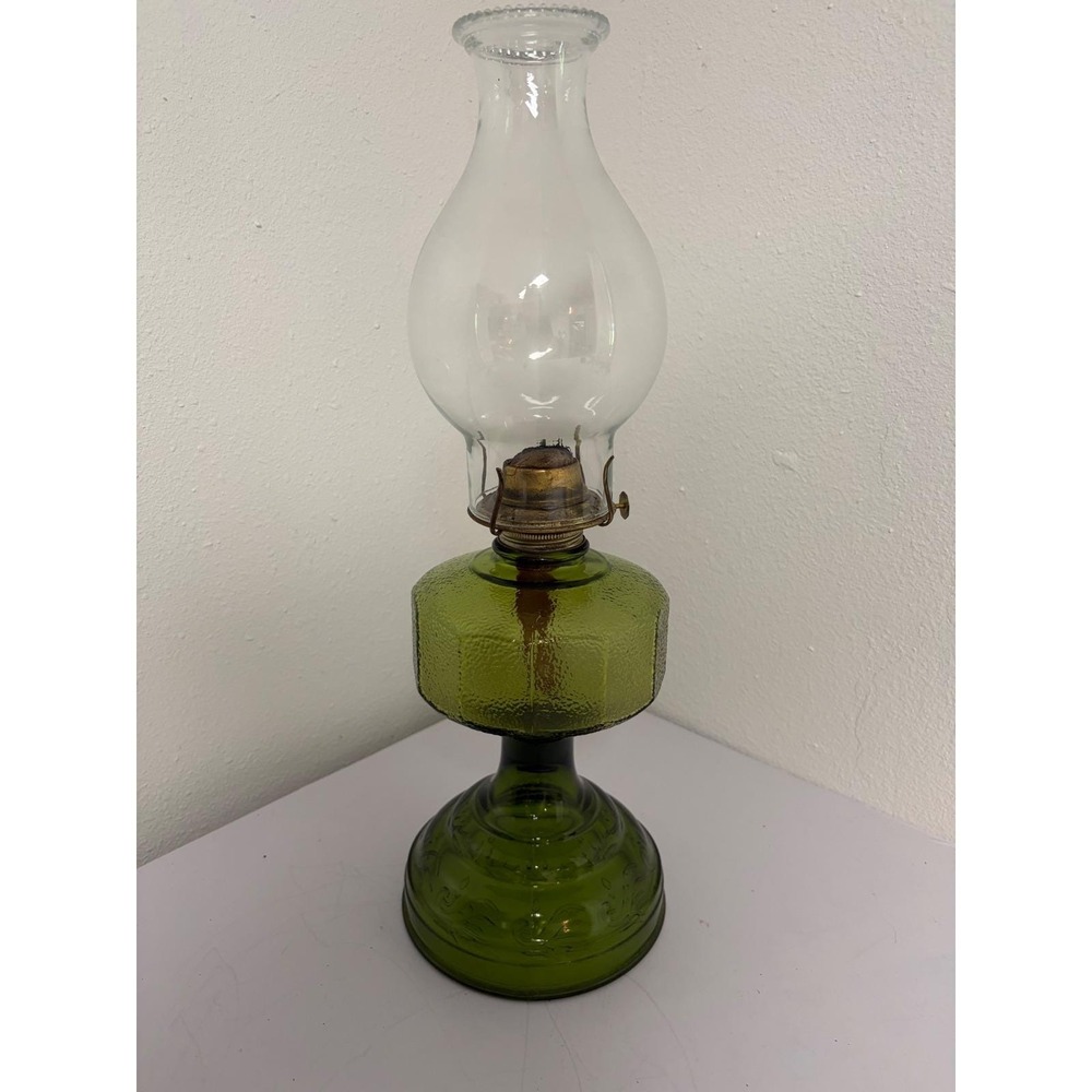 Vintage Eagle Green Glass Oil Lamp Embossed Pedestal Base with Glass Chimney